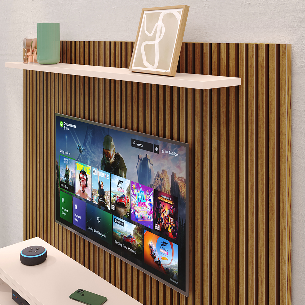 Painel Suspenso Nairóbi Prateleira Superior Nicho Tv até 48 Polegadas Sala Estar Quarto - Ripado Freijó/Off White - Lojas RPM