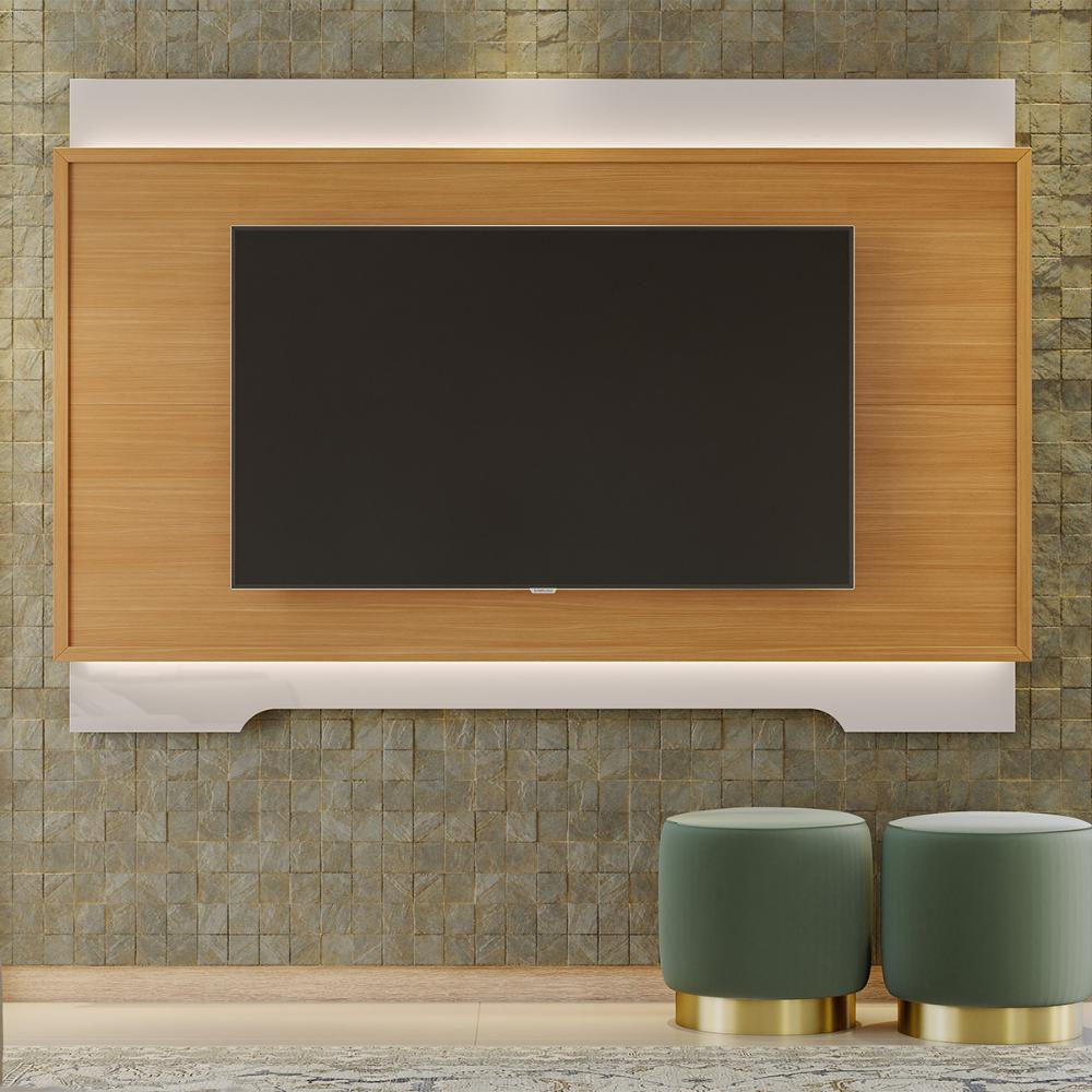 Painel Suspenso Tv 42 47 48 50 55 60 65 70 Polegadas Iluminação LED Sala Estar Quarto Michigan 2,07m - Tauari/ Off White Brilhante - RPM Móveis