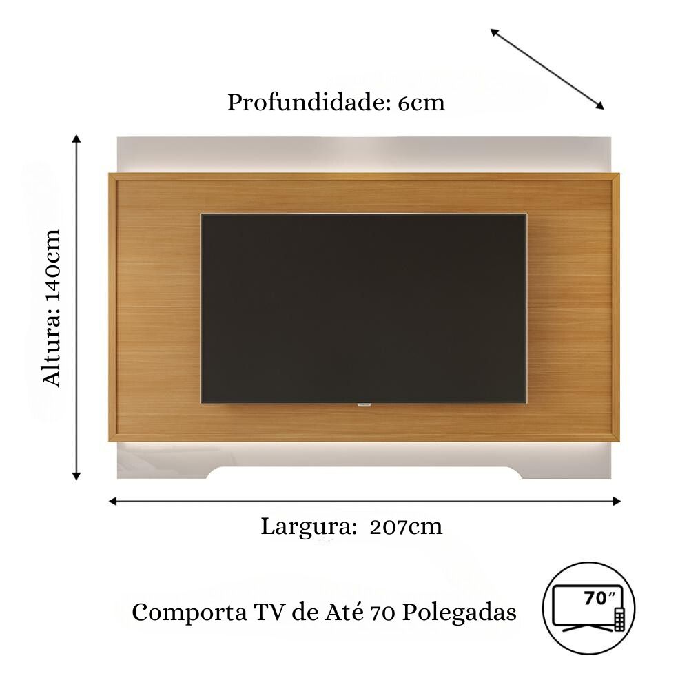 Painel Suspenso Tv 42 47 48 50 55 60 65 70 Polegadas Iluminação LED Sala Estar Quarto Michigan 2,07m - Tauari/ Off White Brilhante - RPM Móveis