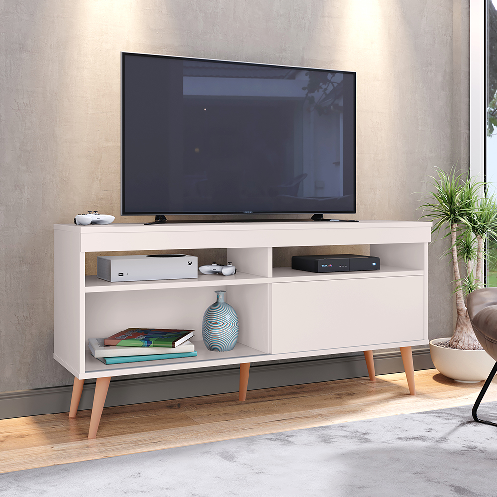 Rack Bancada Estilo Retrô TV Até 55 Polegadas Porta de Correr e Pés Palito Sala Pequena Samba - Off White- RPM Móveis