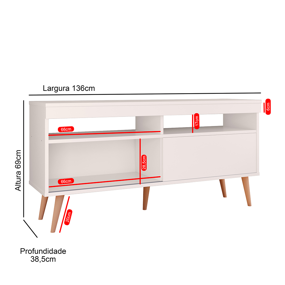 Rack Bancada Estilo Retrô TV Até 55 Polegadas Porta de Correr e Pés Palito Sala Pequena Samba - Off White- RPM Móveis