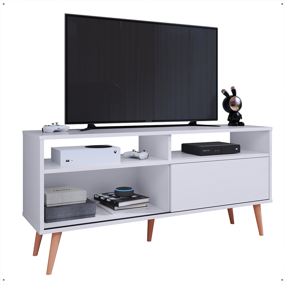 Rack Bancada Home Samba Estante Tv 55 Polegadas Nicho Organizador Porta Correr Sala Quarto Pequeno Retrô - Branco - RPM