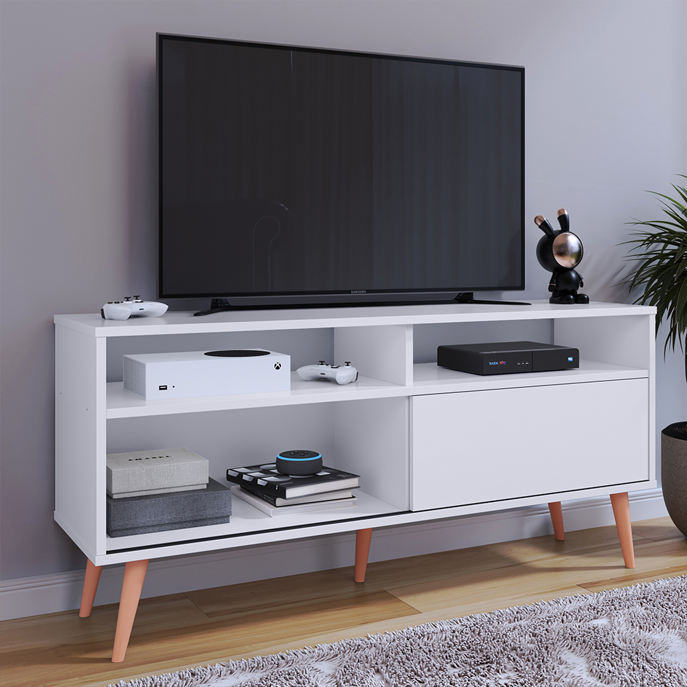 Rack Bancada Home Samba Estante Tv 55 Polegadas Nicho Organizador Porta Correr Sala Quarto Pequeno Retrô - Branco - RPM