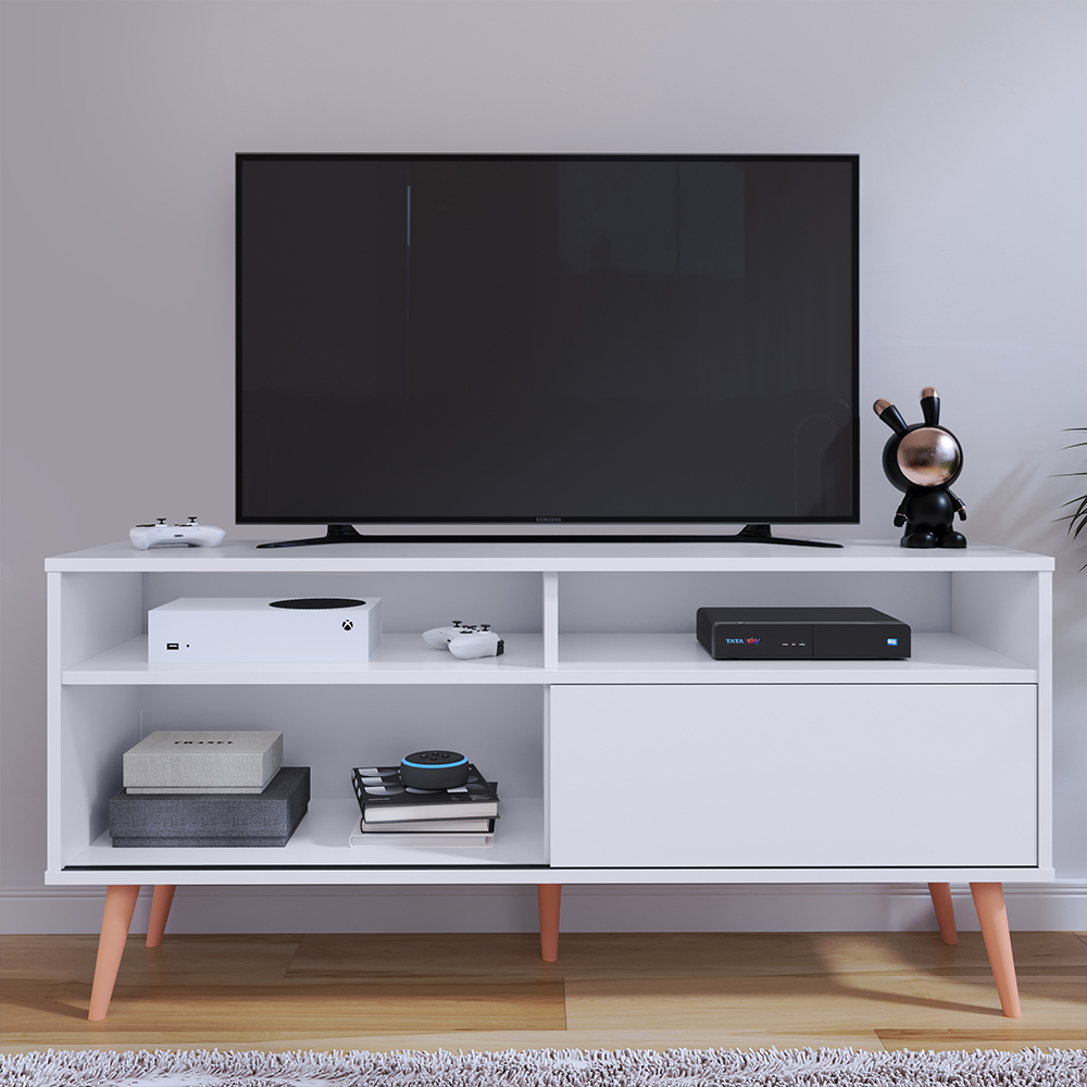 Rack Bancada Home Samba Estante Tv 55 Polegadas Nicho Organizador Porta Correr Sala Quarto Pequeno Retrô - Branco - RPM