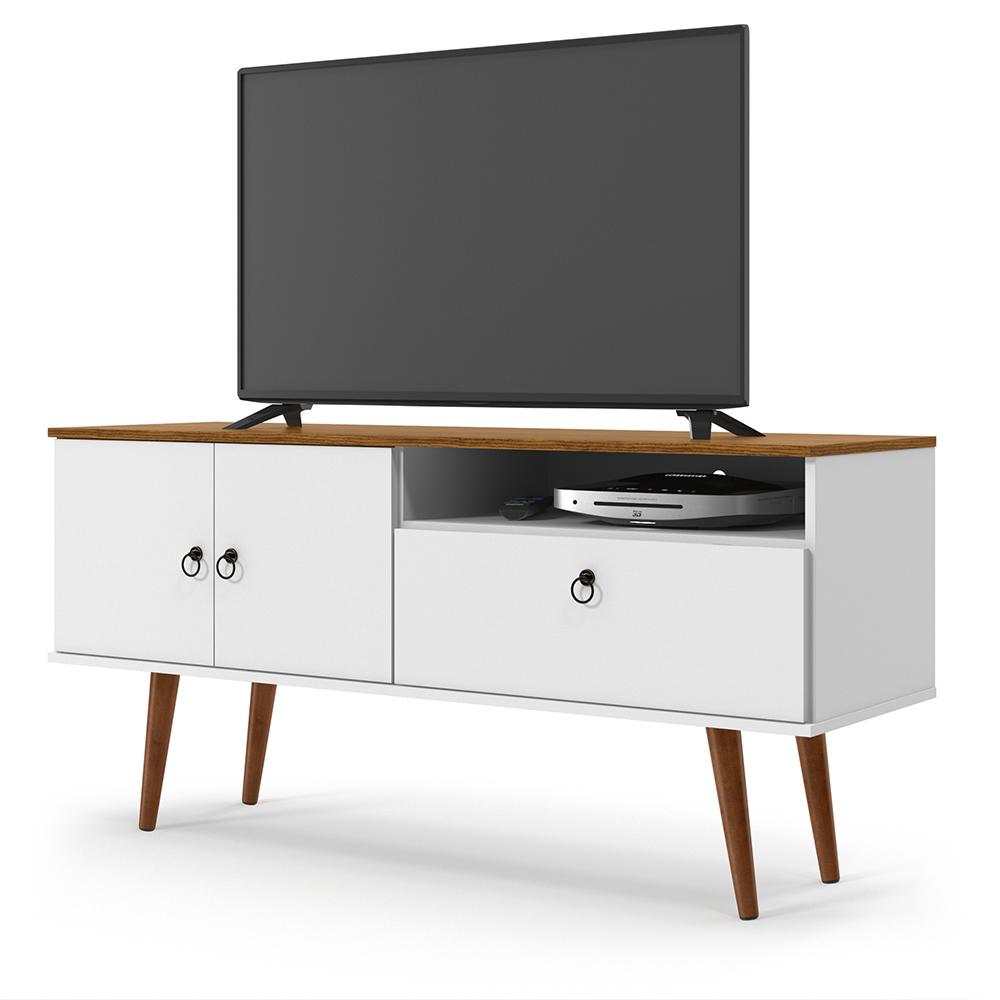 Rack Bancada Topazio TV 55 Polegadas Nicho Porta Basculante Pés Madeira Retrô Aparador Decoração Sala Estar Quarto Pequeno – Branco/Cumarú - RPM