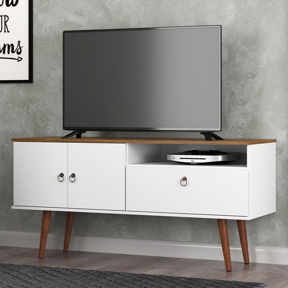 Rack Bancada Topazio TV 55 Polegadas Nicho Porta Basculante Pés Madeira Retrô Aparador Decoração Sala Estar Quarto Pequeno – Branco/Cumarú - RPM