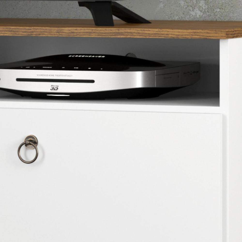 Rack Bancada Topazio TV 55 Polegadas Nicho Porta Basculante Pés Madeira Retrô Aparador Decoração Sala Estar Quarto Pequeno – Branco/Cumarú - RPM