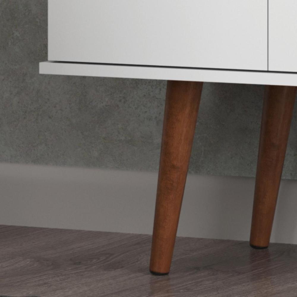 Rack Bancada Topazio TV 55 Polegadas Nicho Porta Basculante Pés Madeira Retrô Aparador Decoração Sala Estar Quarto Pequeno – Branco/Cumarú - RPM
