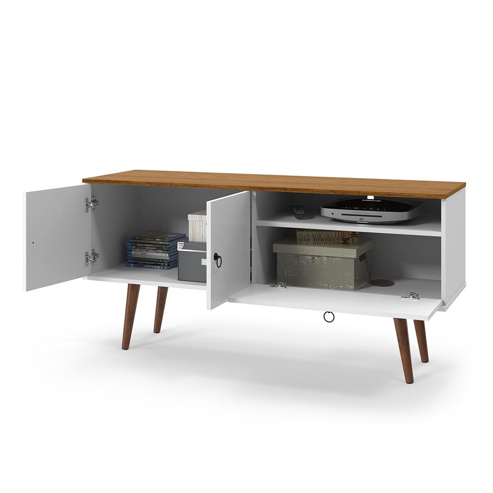Rack Bancada Topazio TV 55 Polegadas Nicho Porta Basculante Pés Madeira Retrô Aparador Decoração Sala Estar Quarto Pequeno – Branco/Cumarú - RPM