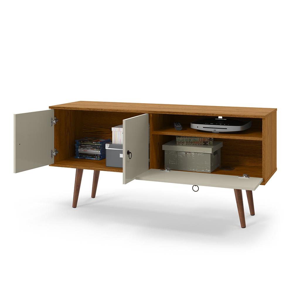 Rack Bancada Topazio TV 55 Polegadas Nicho Porta Basculante Pés Madeira Retrô Aparador Decoração Sala Estar Quarto Pequeno – Cumaru/Off White- RPM