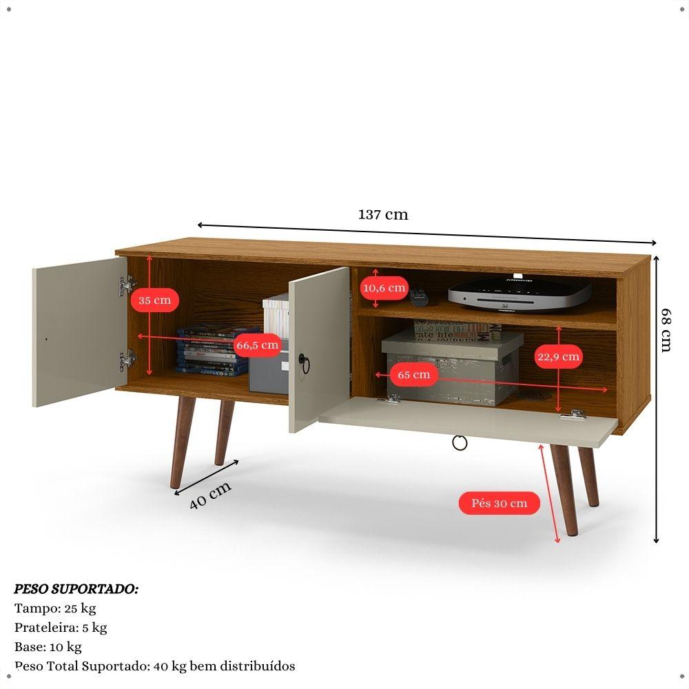 Rack Bancada Topazio TV 55 Polegadas Nicho Porta Basculante Pés Madeira Retrô Aparador Decoração Sala Estar Quarto Pequeno – Cumaru/Off White- RPM