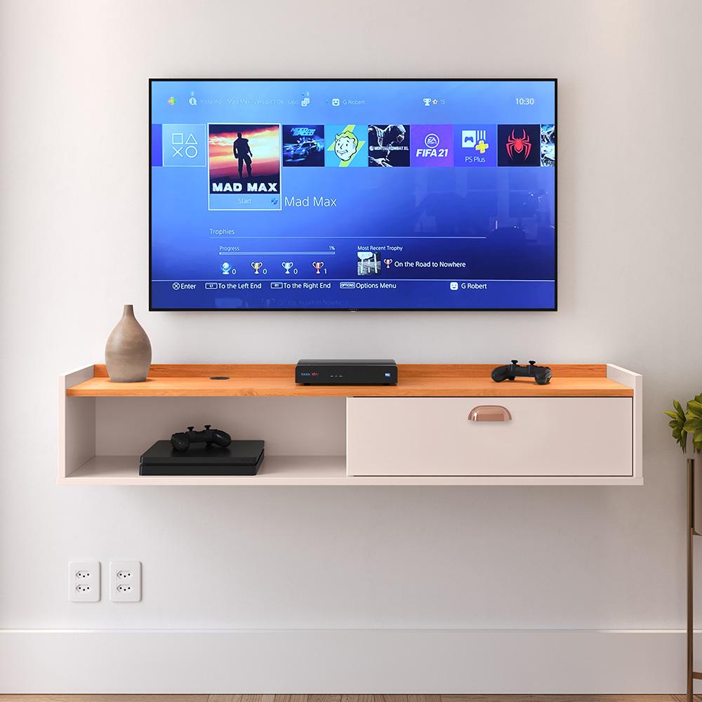 Rack Suspenso Tv 1.20 Home Decor 1 Porta Puxador Concha Nicho Decorativo Organizador Sala Quarto - Off White/Cinamomo - RPM Móveis