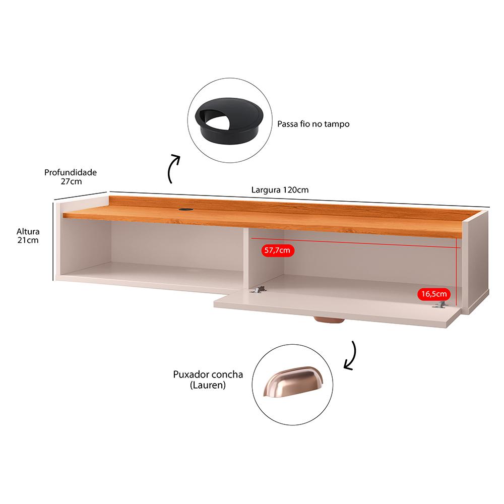 Rack Suspenso Tv 1.20 Home Decor 1 Porta Puxador Concha Nicho Decorativo Organizador Sala Quarto - Off White/Cinamomo - RPM Móveis