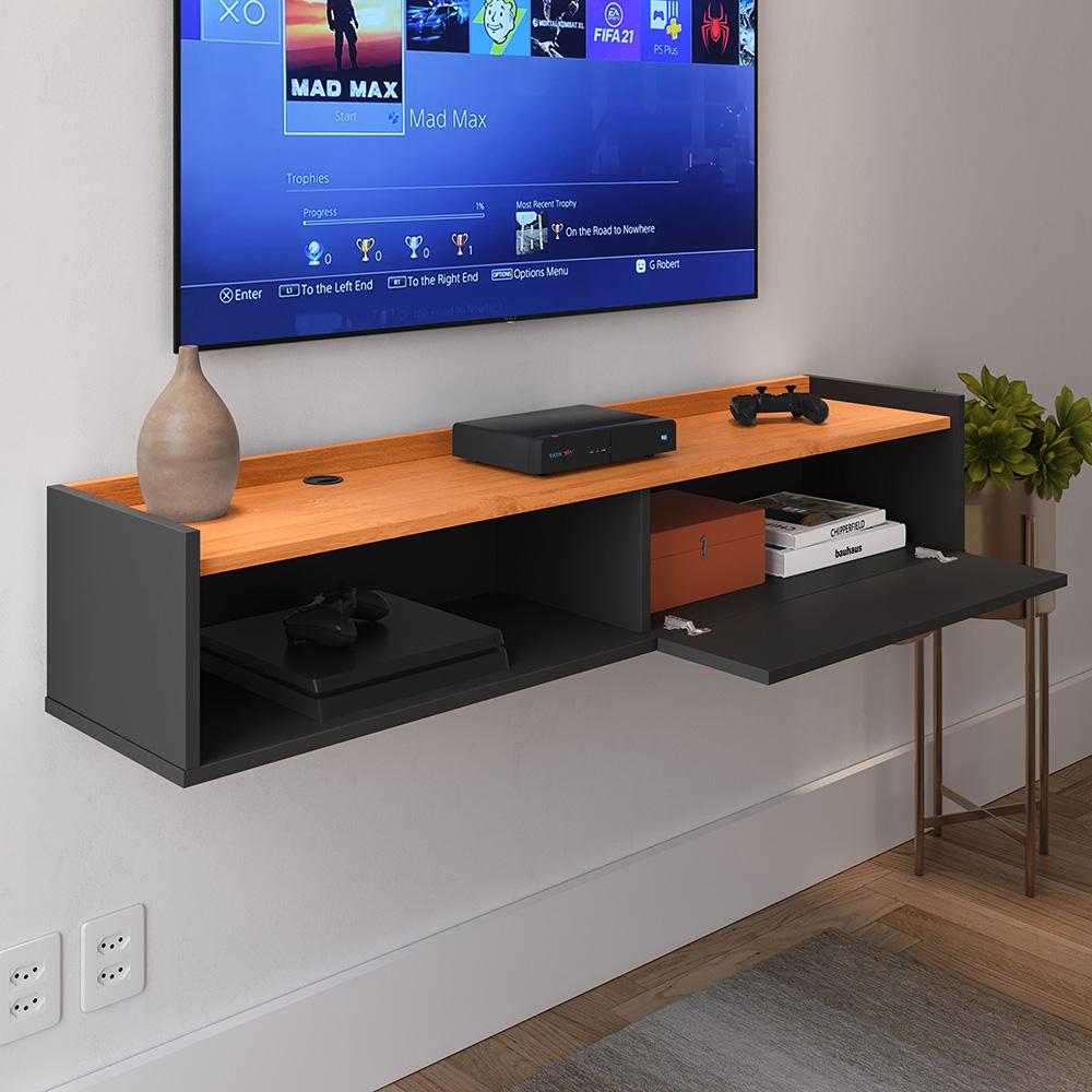 Rack Suspenso Tv 1.20 Home Decor 1 Porta Puxador Concha Nicho Decorativo Organizador Sala Quarto - Preto/Cinamomo - RPM Móveis