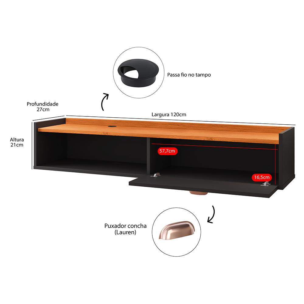 Rack Suspenso Tv 1.20 Home Decor 1 Porta Puxador Concha Nicho Decorativo Organizador Sala Quarto - Preto/Cinamomo - RPM Móveis