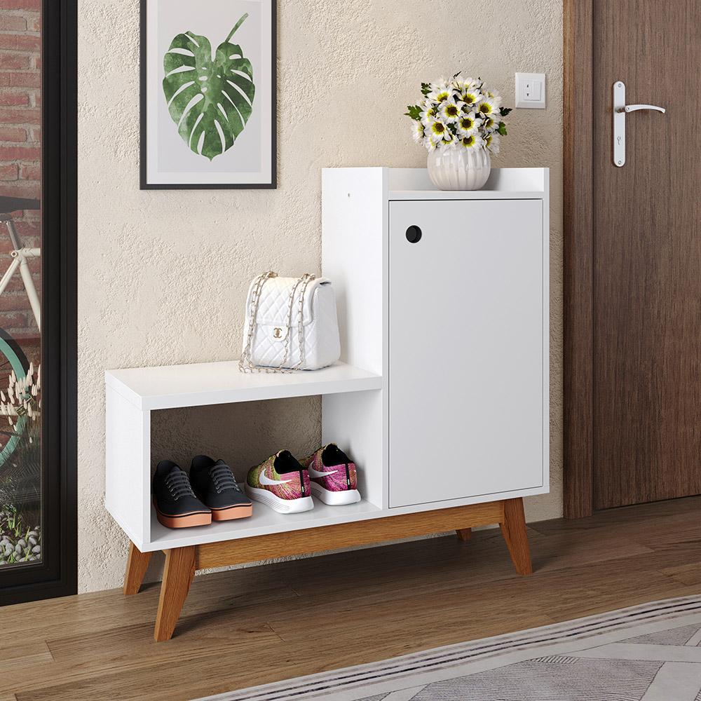 Sapateira Shoes Hall Entrada Assento 1 Porta Prateleiras Organizadora Até 8 Pares Calçados - Branco - RPM Móveis