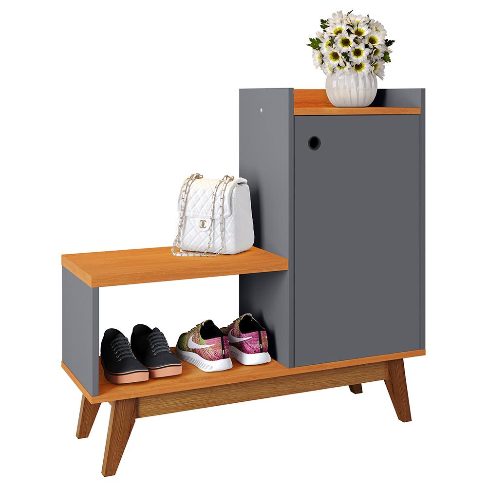 Sapateira Shoes Hall Entrada Assento 1 Porta Prateleiras Organizadora Até 8 Pares Calçados - Cinza/Cinamomo - RPM Móveis