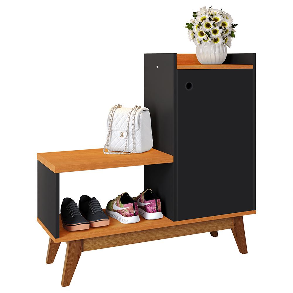 Sapateira Shoes Hall Entrada Assento 1 Porta Prateleiras Organizadora Até 8 Pares Calçados - Preto/Cinamomo - RPM Móveis
