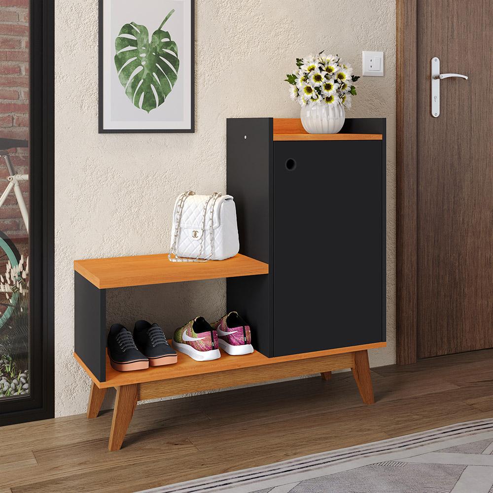 Sapateira Shoes Hall Entrada Assento 1 Porta Prateleiras Organizadora Até 8 Pares Calçados - Preto/Cinamomo - RPM Móveis