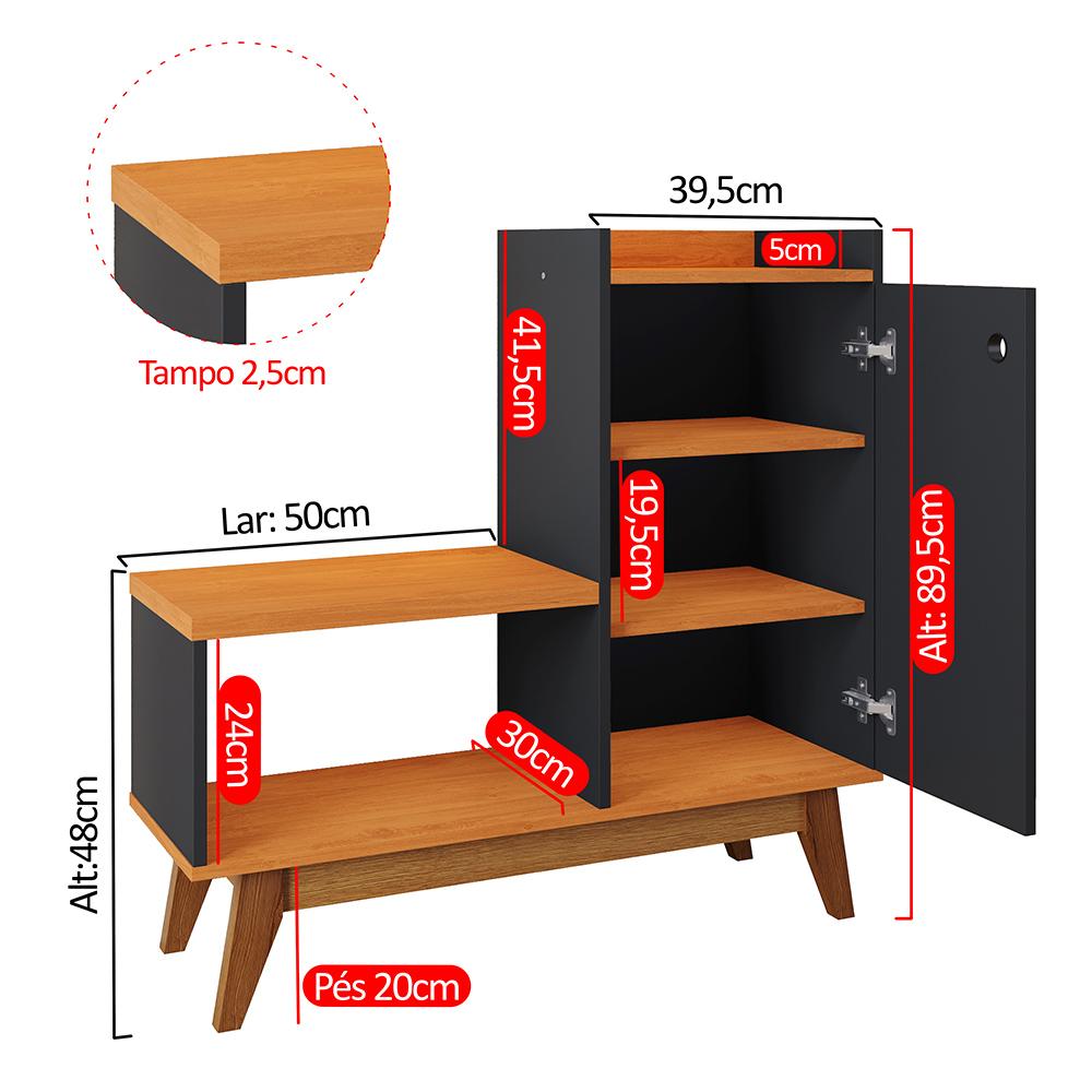 Sapateira Shoes Hall Entrada Assento 1 Porta Prateleiras Organizadora Até 8 Pares Calçados - Preto/Cinamomo - RPM Móveis