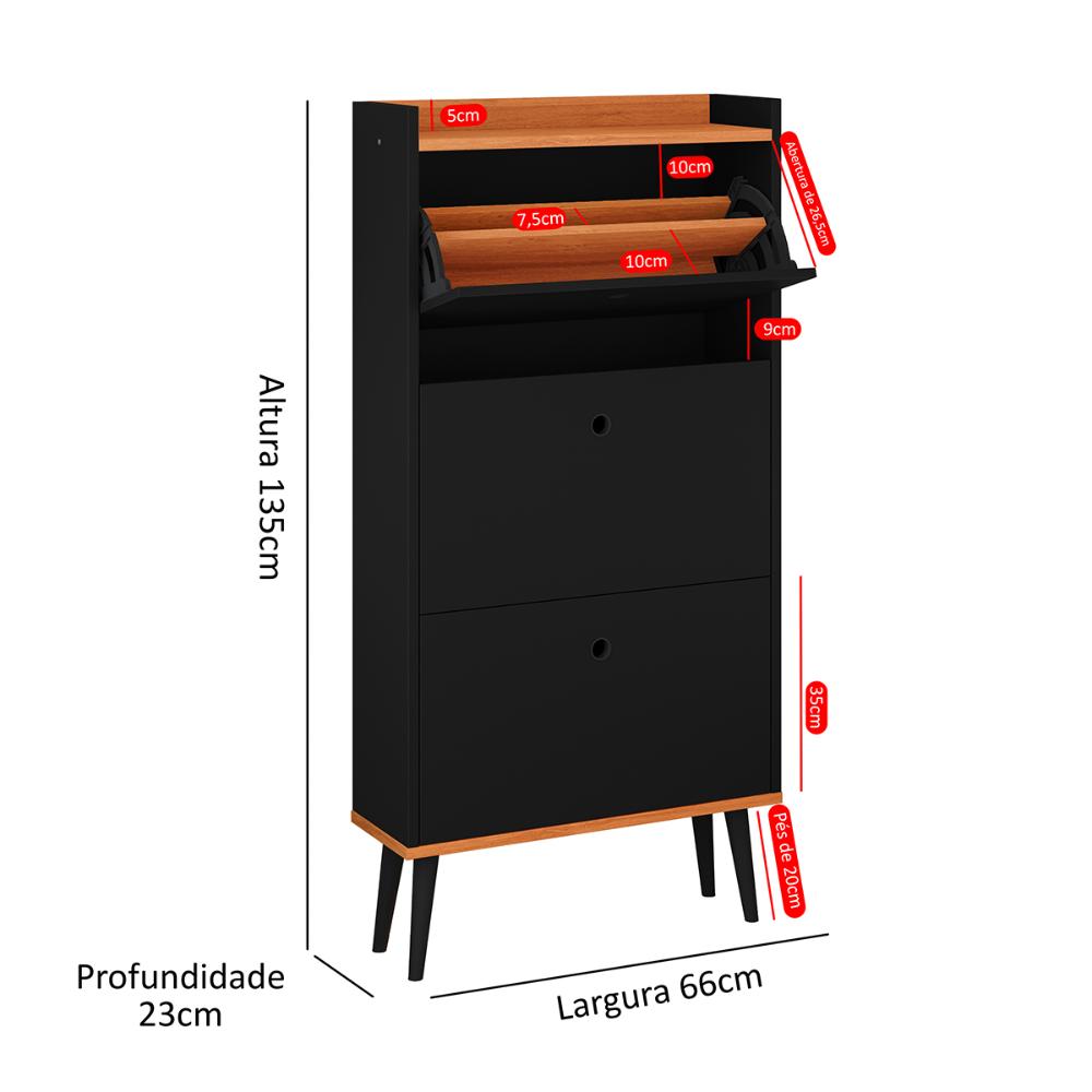 Sapateira Vertical Dark 3 Gavetas Basculantes Organizadora Calçados Retrô - Preto/Cinamomo - RPM Móveis