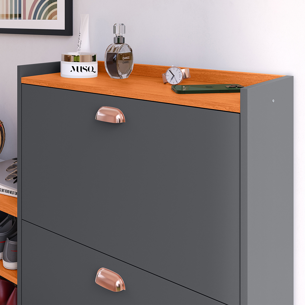 Sapateira Vertical Milano 2 Gavetas Basculantes Prateleira Porta Calçados Banquinho Hall Entrada Canto Quarto Retrô -  Cinza/Cinamomo - RPM
