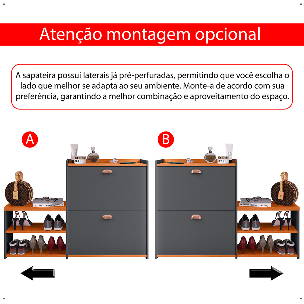 Sapateira Vertical Milano 2 Gavetas Basculantes Prateleira Porta Calçados Banquinho Hall Entrada Canto Quarto Retrô -  Cinza/Cinamomo - RPM