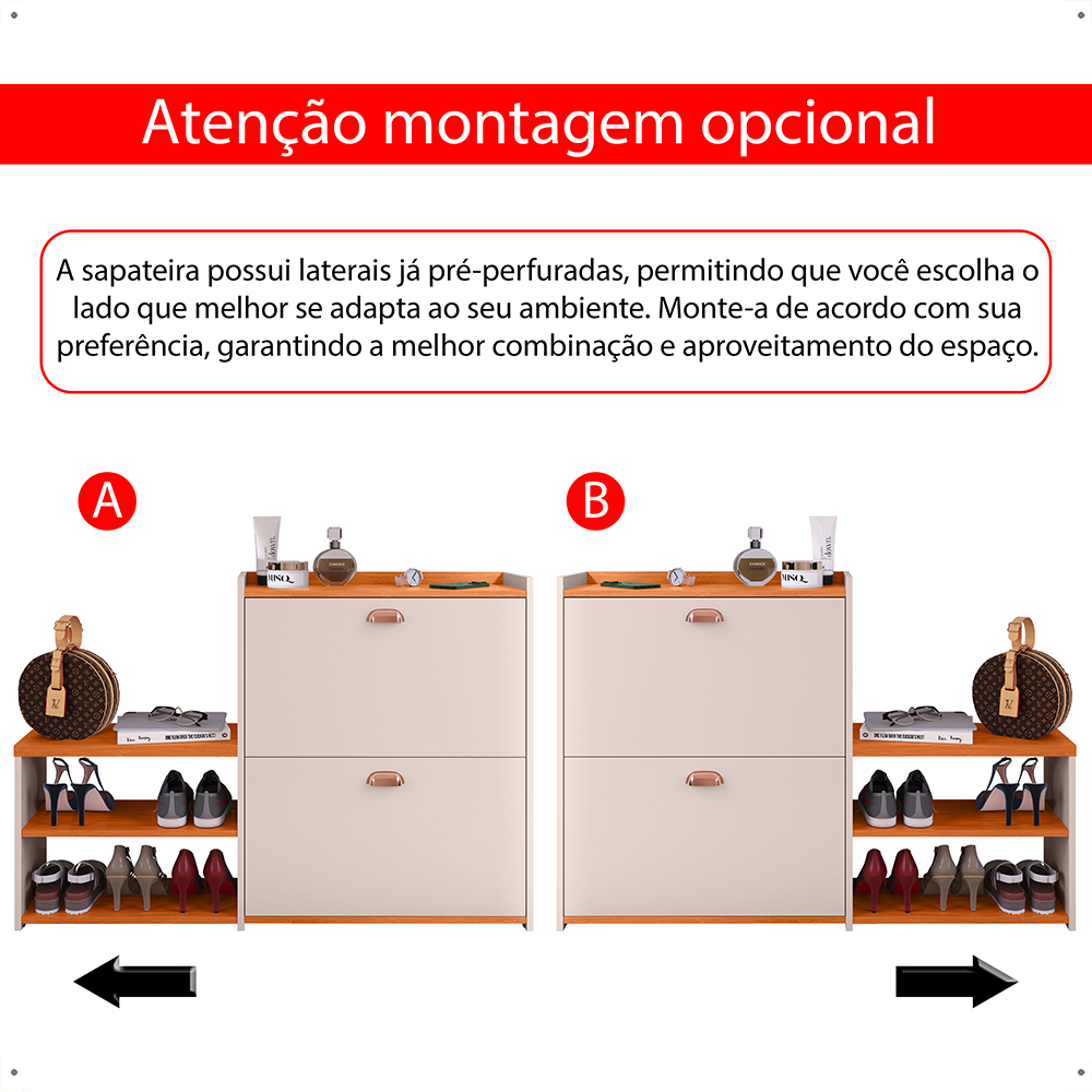 Sapateira Vertical Milano 2 Gavetas Basculantes Prateleira Porta Calçados Banquinho Hall Entrada Canto Quarto Retrô - Off White/Cinamomo - RPM