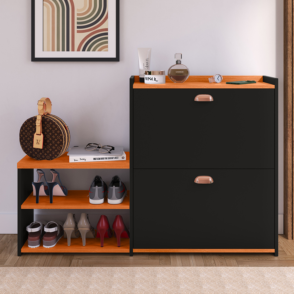 Sapateira Vertical Milano 2 Gavetas Basculantes Prateleira Porta Calçados Banquinho Hall Entrada Canto Quarto Retrô - Preto/Cinamomo - RPM