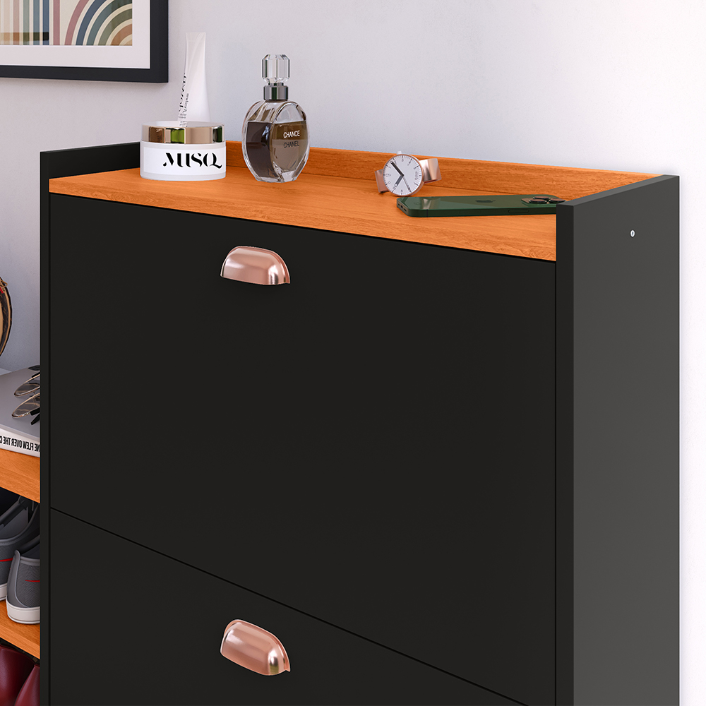 Sapateira Vertical Milano 2 Gavetas Basculantes Prateleira Porta Calçados Banquinho Hall Entrada Canto Quarto Retrô - Preto/Cinamomo - RPM