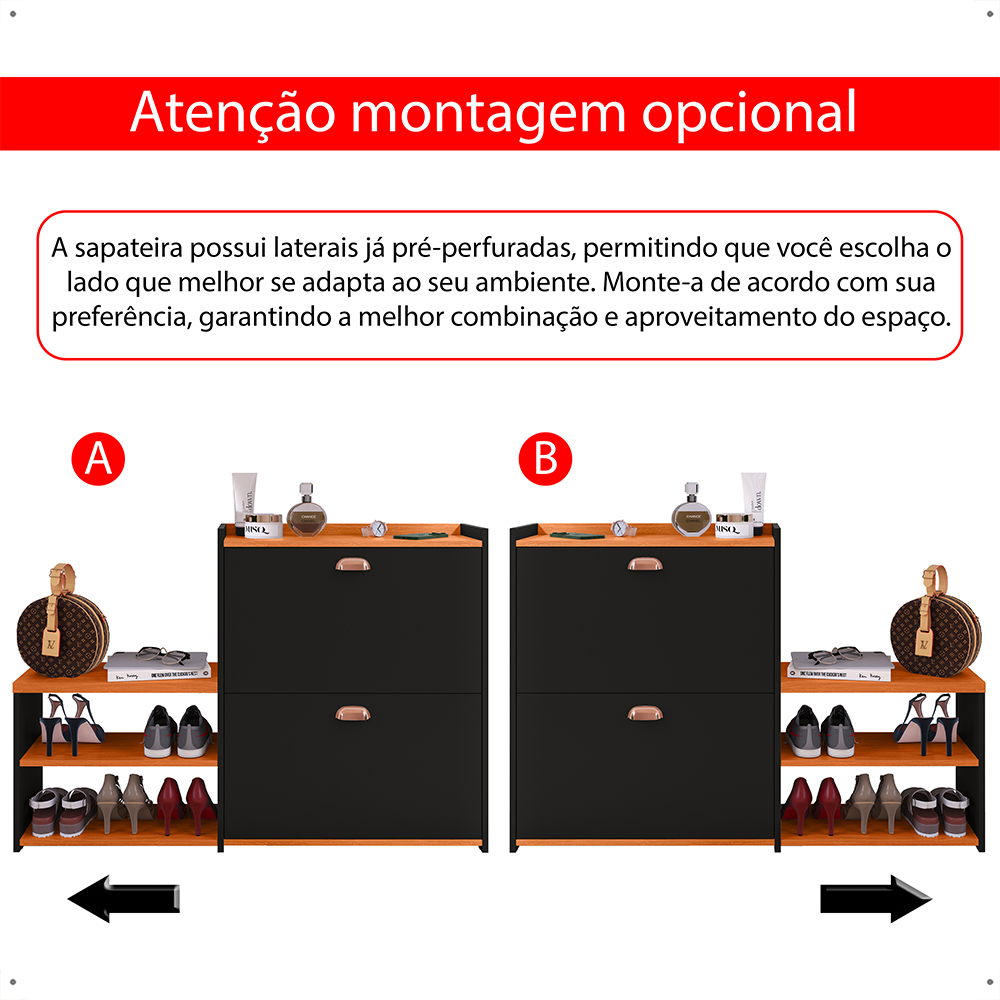 Sapateira Vertical Milano 2 Gavetas Basculantes Prateleira Porta Calçados Banquinho Hall Entrada Canto Quarto Retrô - Preto/Cinamomo - RPM