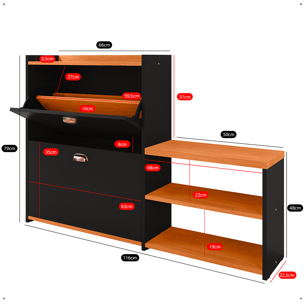 Sapateira Vertical Milano 2 Gavetas Basculantes Prateleira Porta Calçados Banquinho Hall Entrada Canto Quarto Retrô - Preto/Cinamomo - RPM