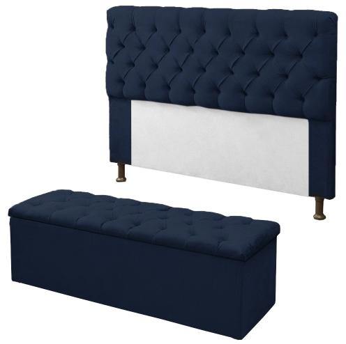Kit Cabeceira + Baú Mirage Casal 140cm Suede Azul Marinho