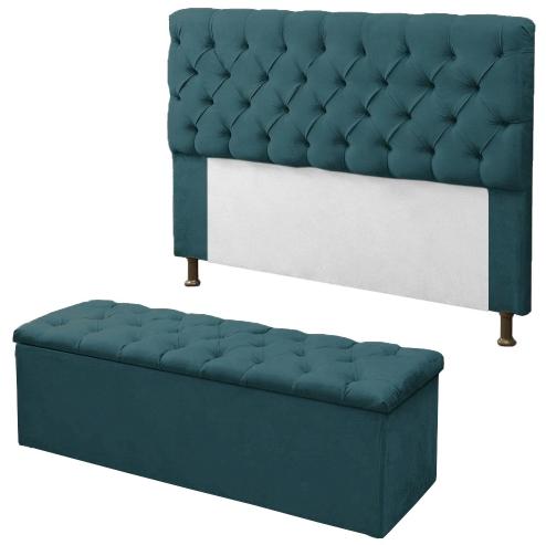 Kit Cabeceira + Baú Mirage Casal 140cm Suede Azul Turquesa
