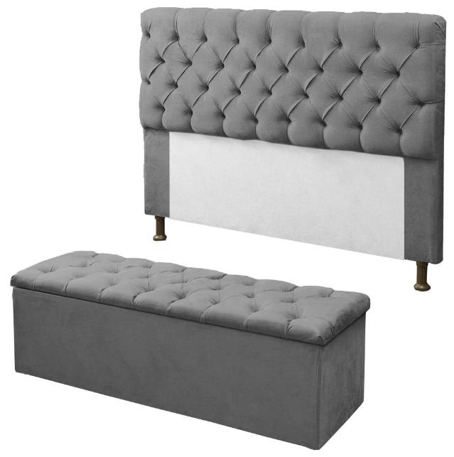 Kit Cabeceira + Baú Mirage Casal 140cm Suede Cinza