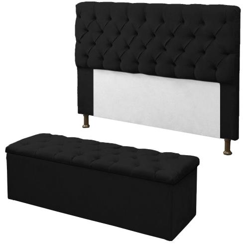 Kit Cabeceira + Baú Mirage Casal 140cm Suede Preto