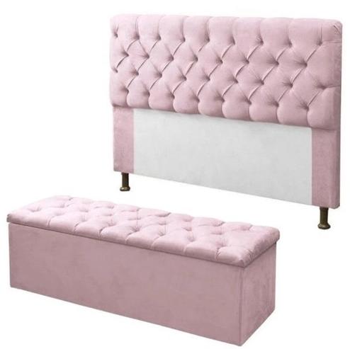 Kit Cabeceira + Baú Mirage Casal 140cm Suede Rosê