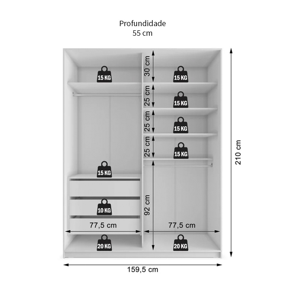 Guarda-Roupa Casal com 1 Espelho Belluno 2 PT 3 GV Branco