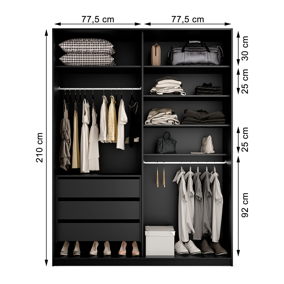 Guarda-Roupa Casal com 1 Espelho Belluno 2 Portas 3 Gavetas Preto