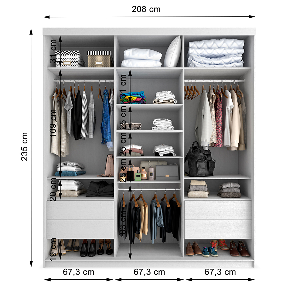 Guarda-Roupa Casal com 1 Espelho Lugano 3 Portas 4 Gavetas Branco