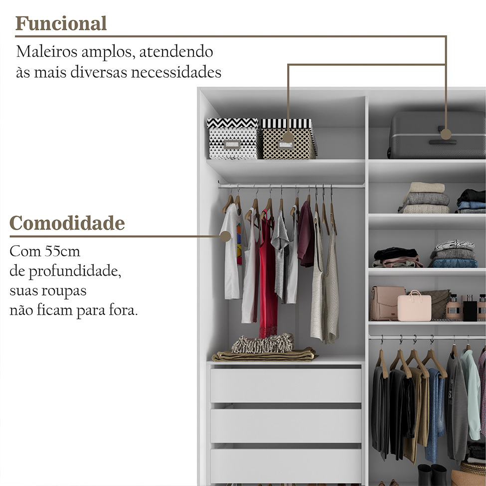 Guarda-Roupa Casal com 2 Espelhos Belluno 2 Portas 3 Gavetas Branco