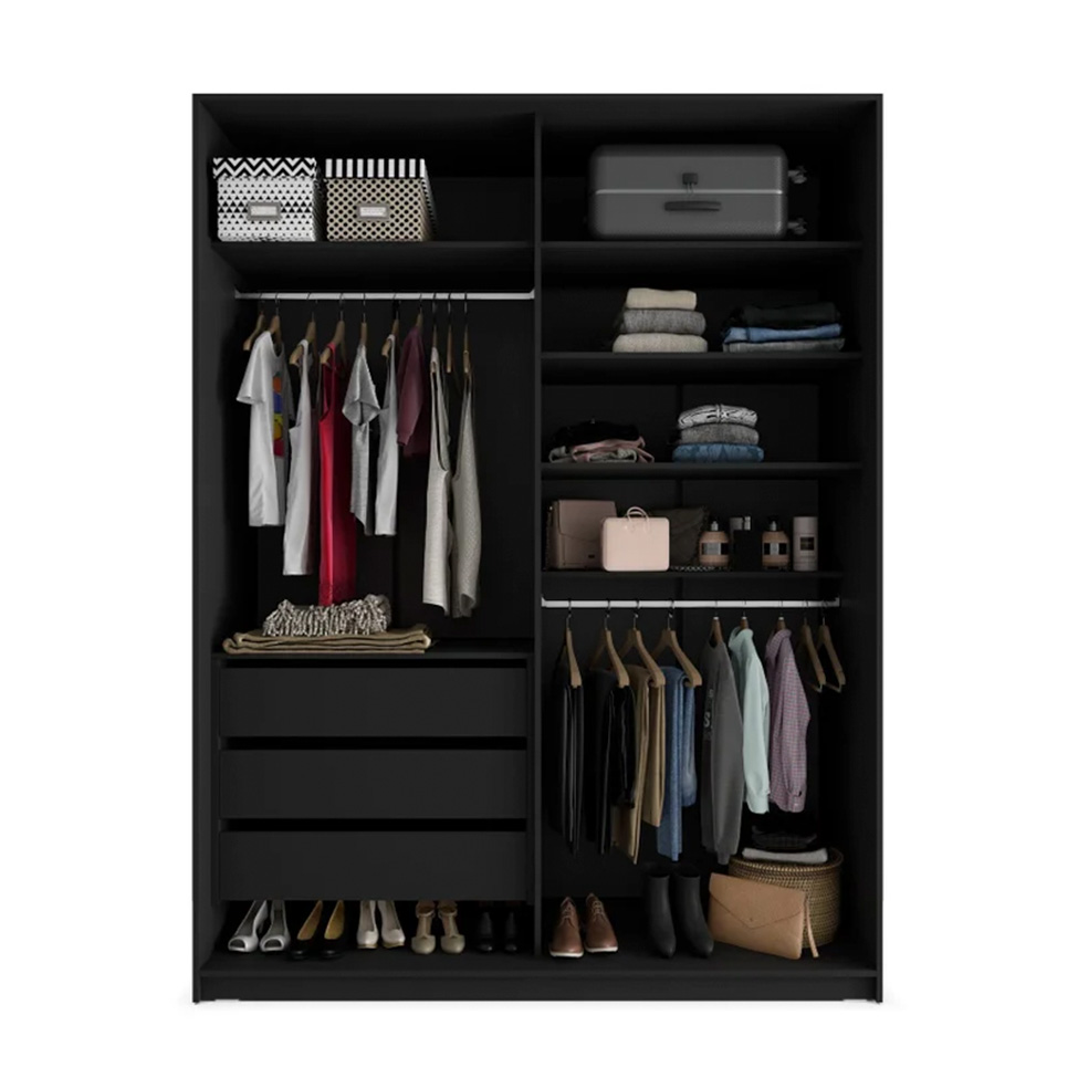 Guarda-Roupa Casal com 2 Espelhos Belluno 2 Portas 3 Gavetas Preto