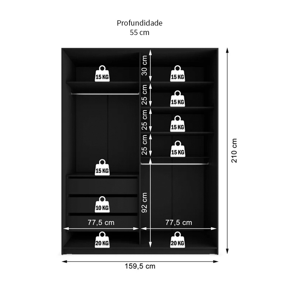 Guarda-Roupa Casal com 2 Espelhos Belluno 2 Portas 3 Gavetas Preto