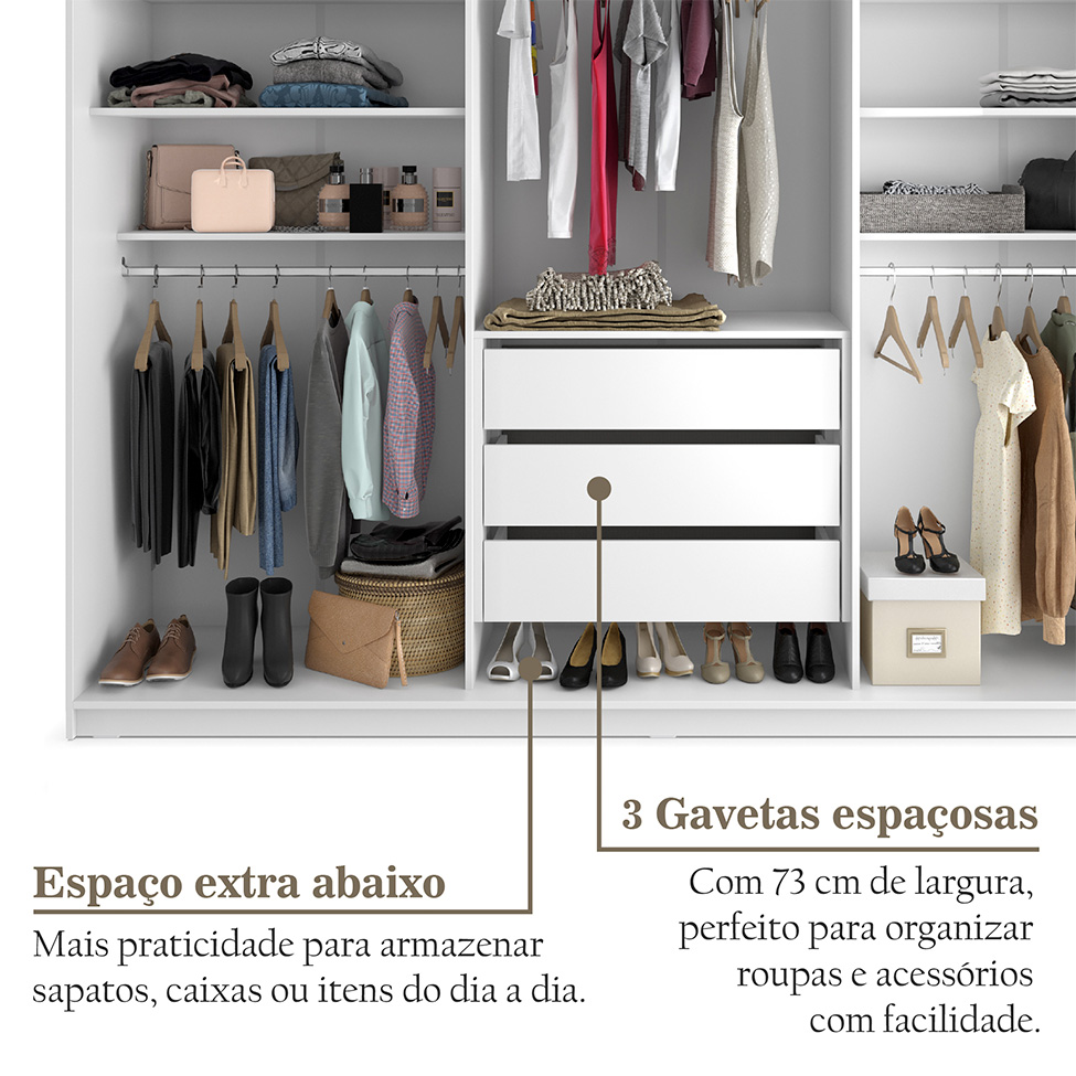 Guarda-Roupa Casal com 3 Espelhos Belluno 3 Portas 3 Gavetas Bege