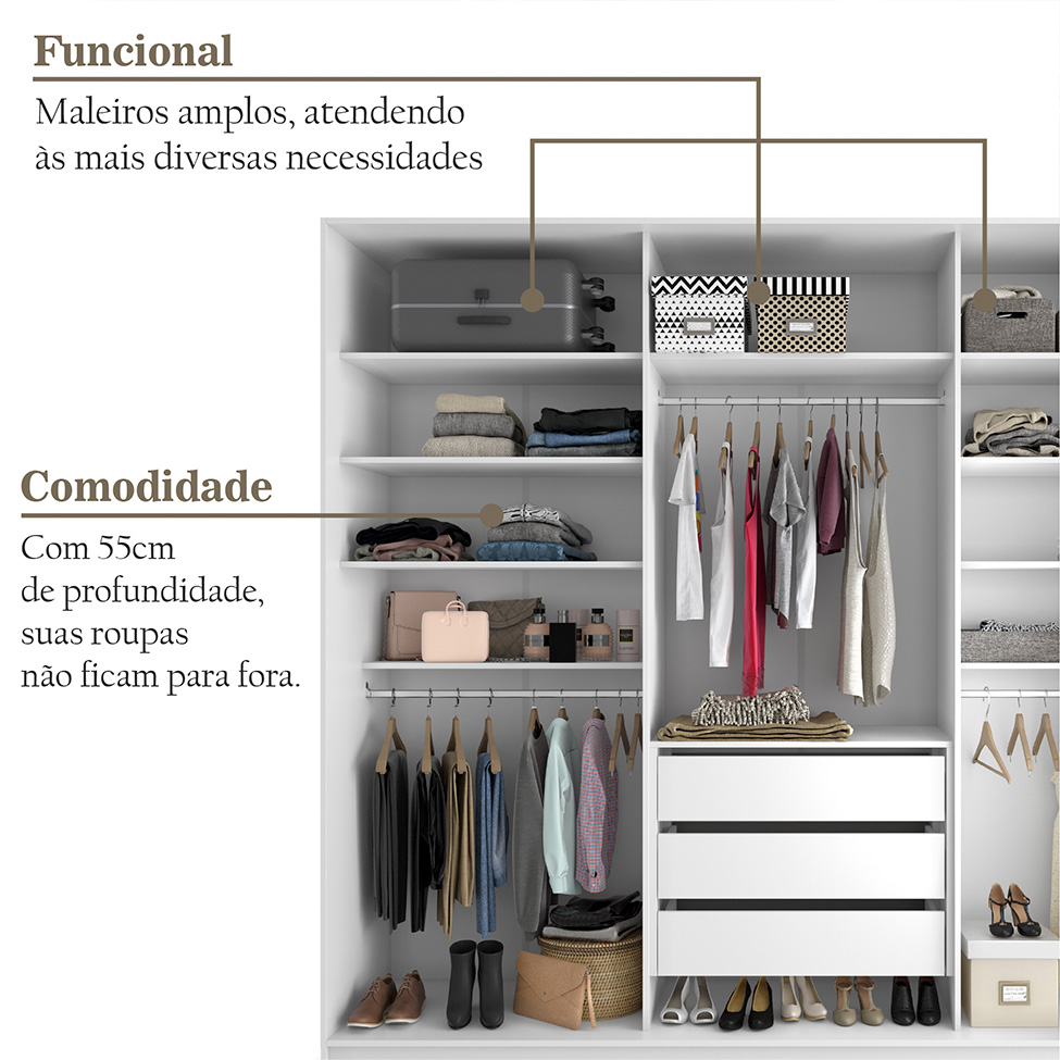Guarda-Roupa Casal com 3 Espelhos Belluno 3 Portas 3 Gavetas Bege
