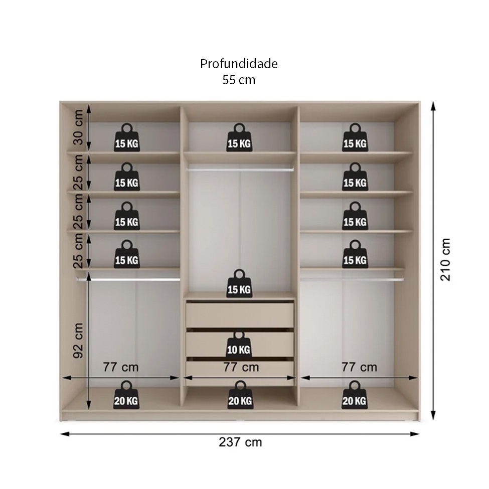 Guarda-Roupa Casal com 3 Espelhos Belluno 3 Portas 3 Gavetas Bege