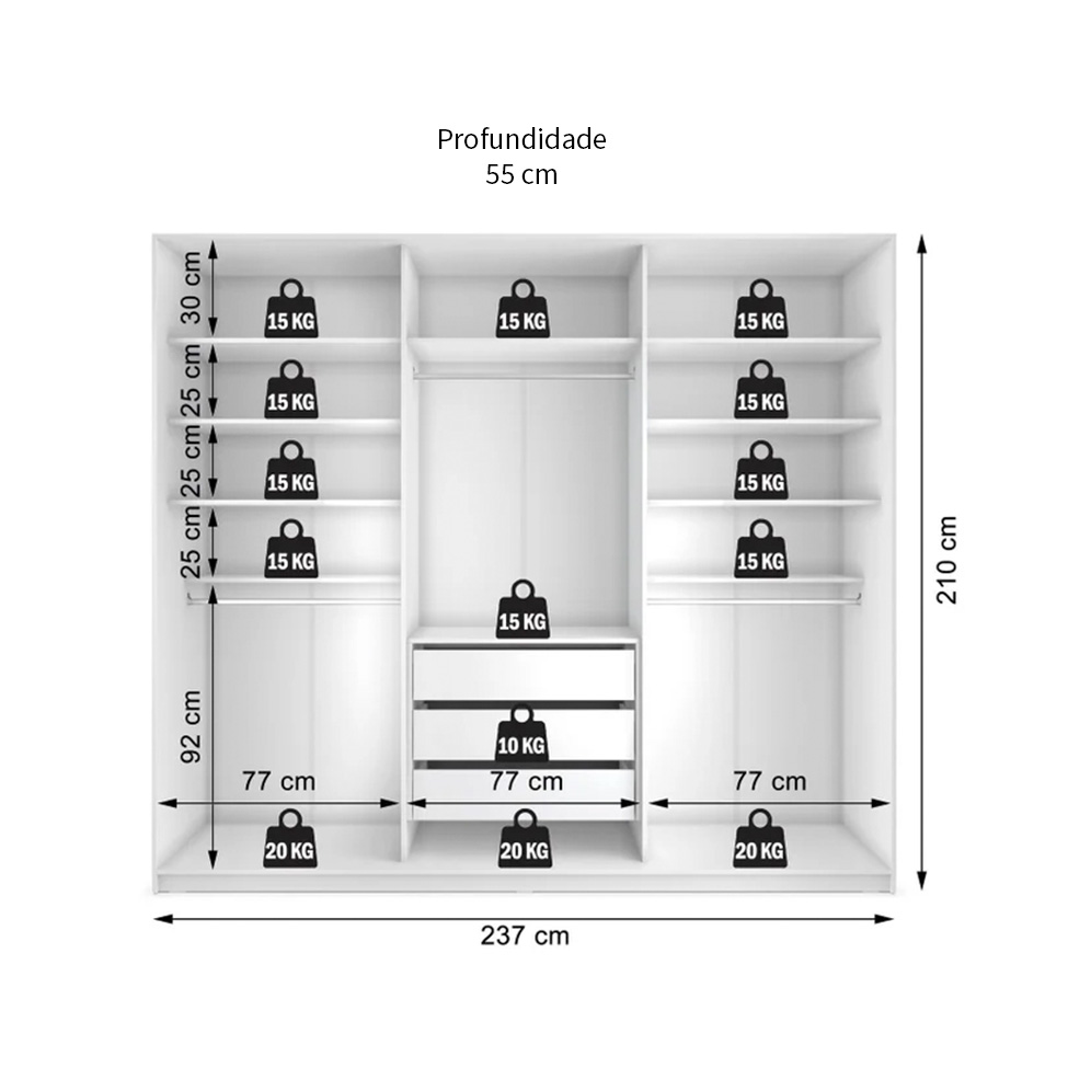 Guarda-Roupa Casal com 3 Espelhos Belluno 3 Portas 3 Gavetas Branco