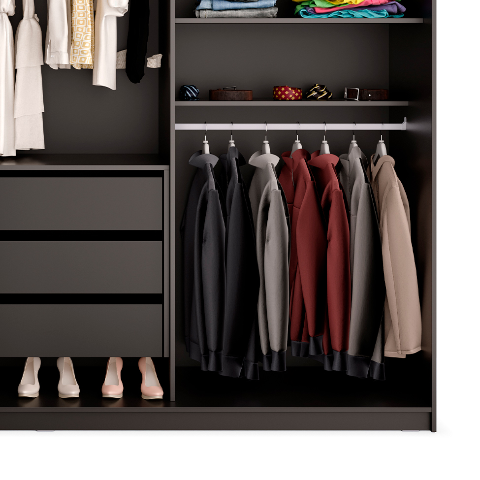 Guarda-Roupa Casal com 3 Espelhos Belluno 3 Portas 3 Gavetas Preto