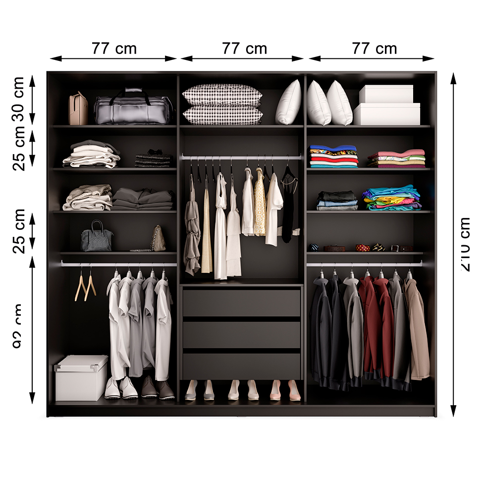 Guarda-Roupa Casal com 3 Espelhos Belluno 3 Portas 3 Gavetas Preto