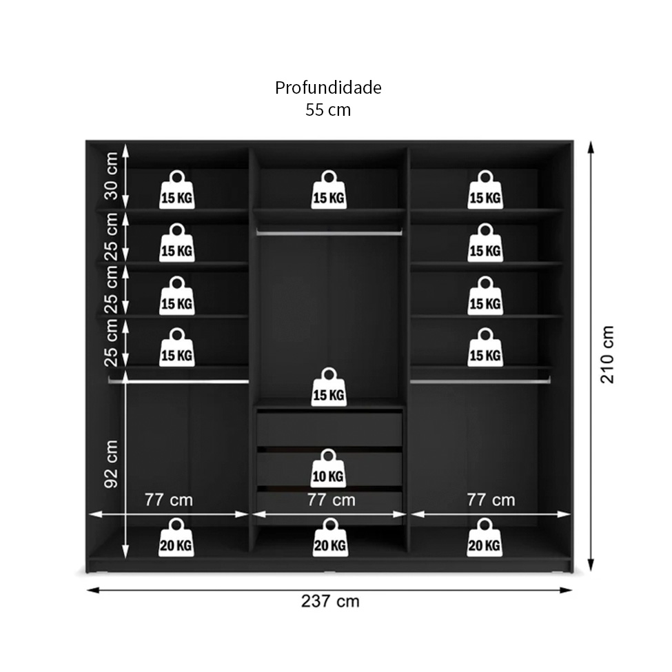 Guarda-Roupa Casal com 3 Espelhos Belluno 3 Portas 3 Gavetas Preto